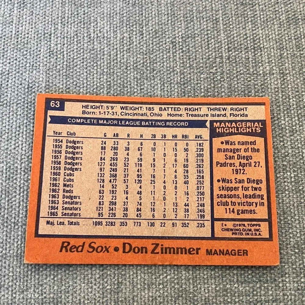 1978 Topps Boston Red Sox Baseball Card Trading Card